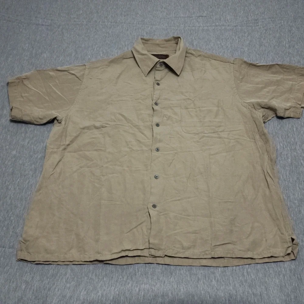 Tasso Elba Mens XL Beige Silk Linen Blend Luxury Camp Resort Shirt Pocket - Picture 2 of 7